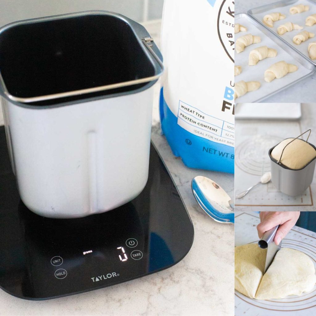 The photo collage shows a bread machine bread pan on a food scale next to 3 photos of other bread baking tools.