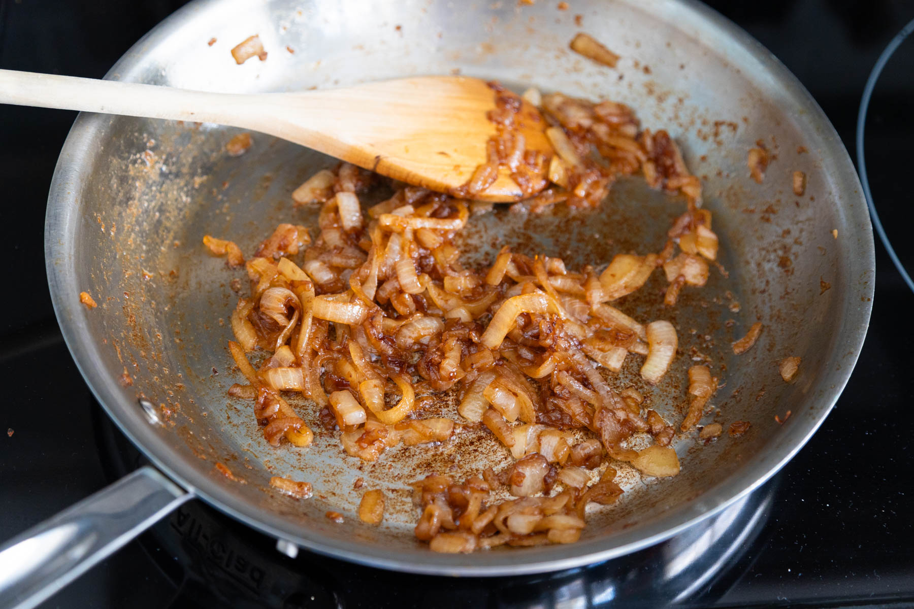 The caramelized onion are almost finished in the skillet, they are a deep golden color.