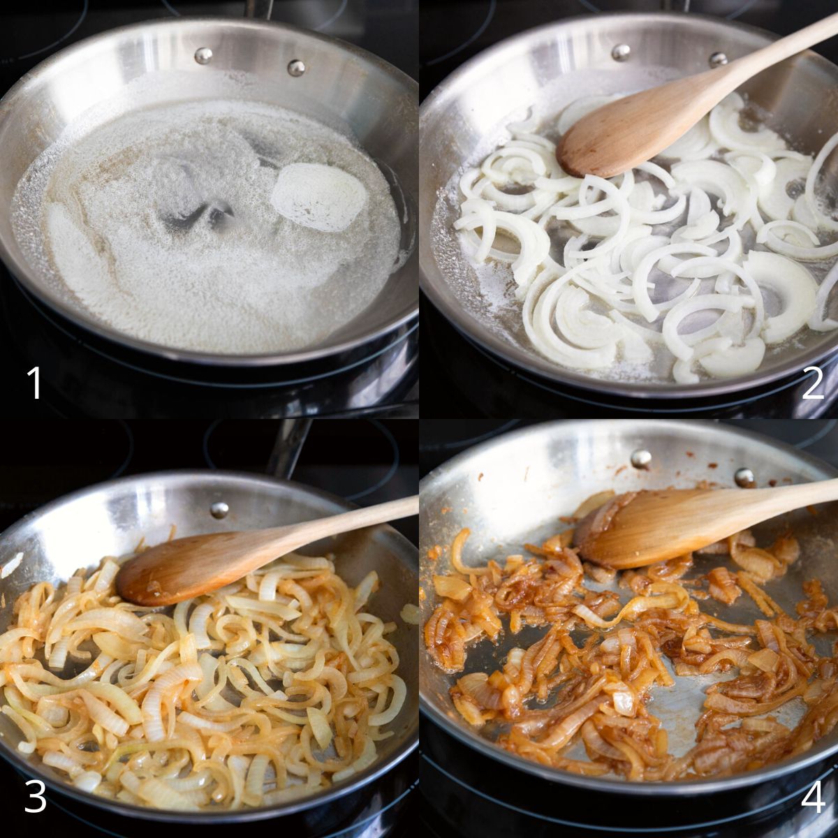 The step by step photos show how to melt the butter and caramelize the onions in a skillet.