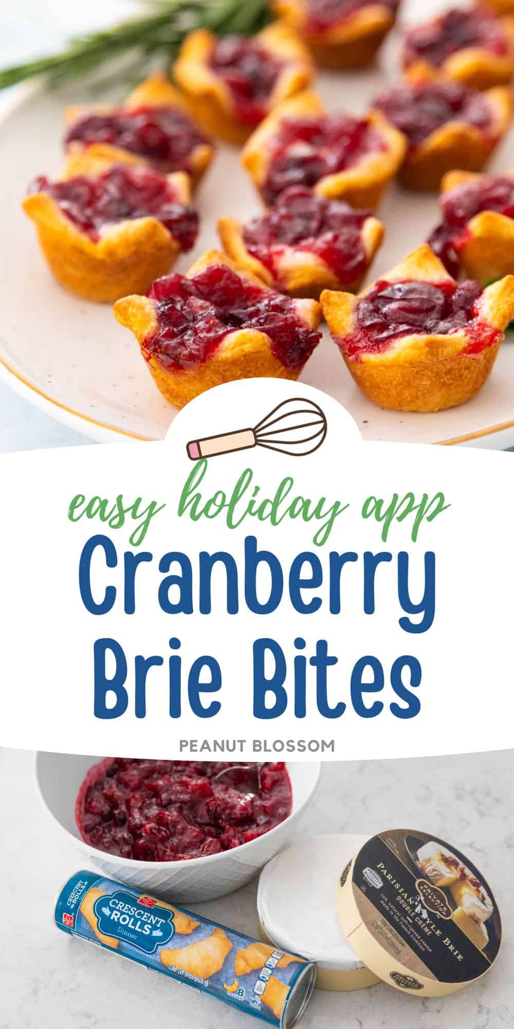 A photo collage shows the platter of cranberry brie bites next to a photo of the ingredients used to make it.