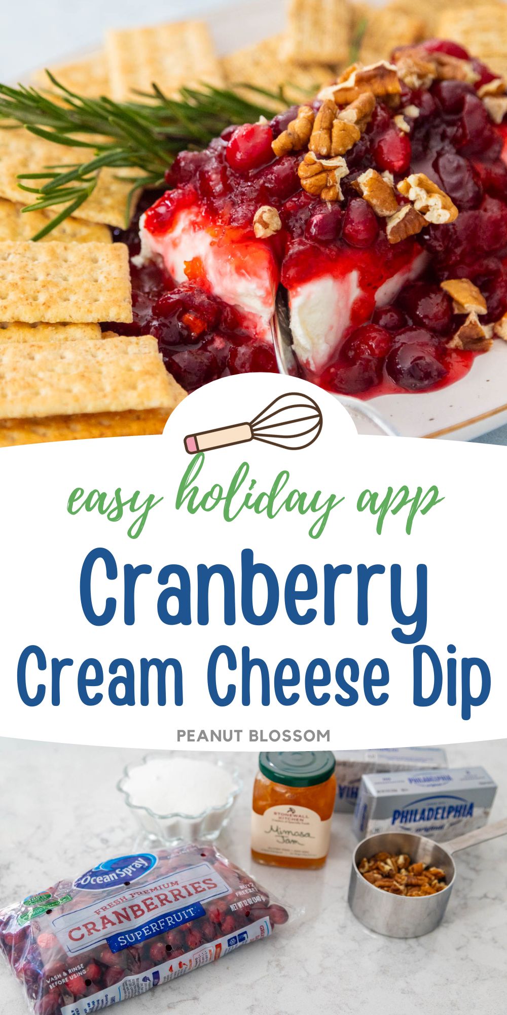 The photo collage shows the cranberry dip with crackers next to a photo of the ingredients used to make it.
