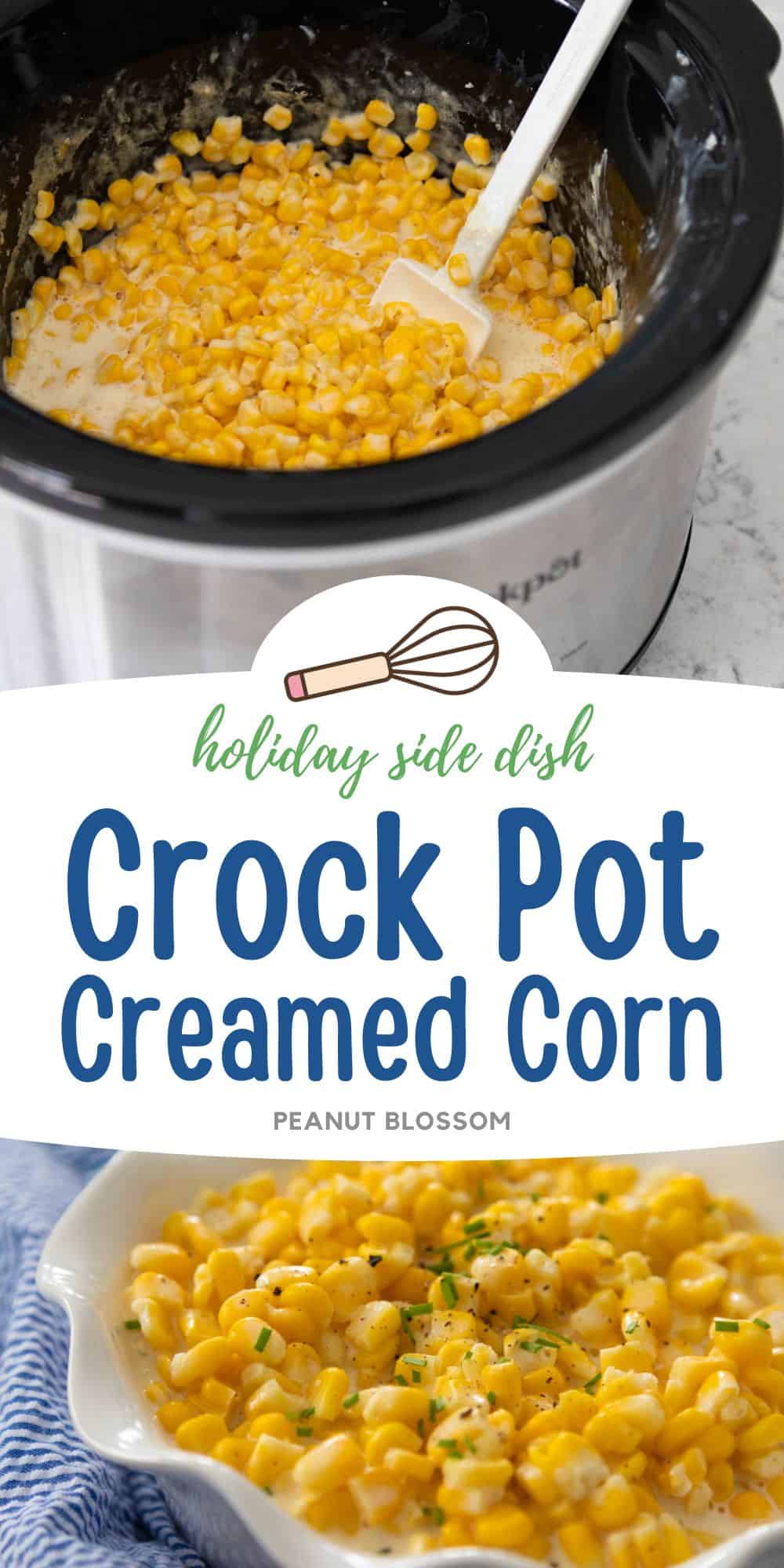 The photo collage shows the creamed corn in the Crock Pot next to a bowl of it served at the table.