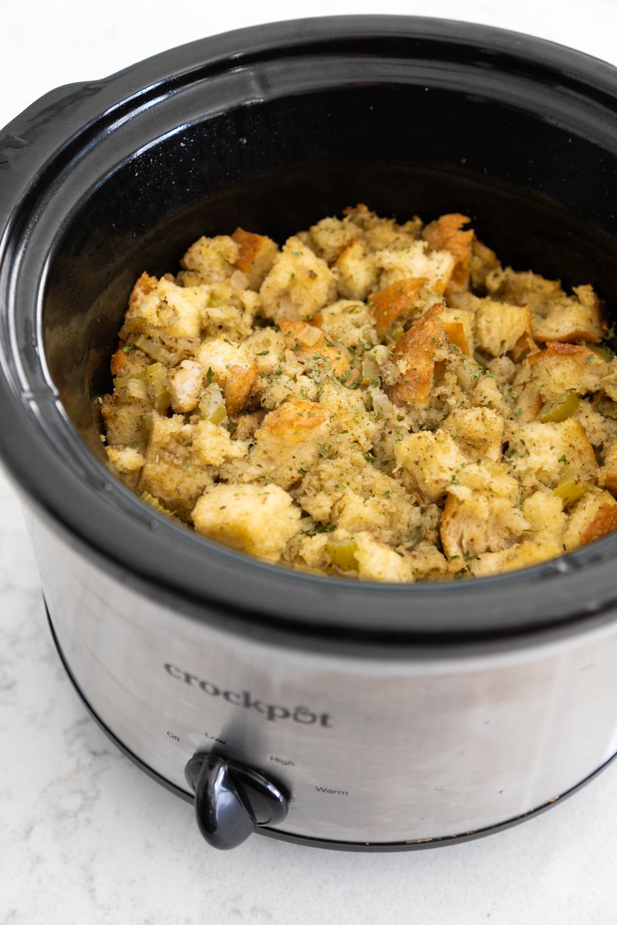 The finished stuffing is served right in the slowcooker.