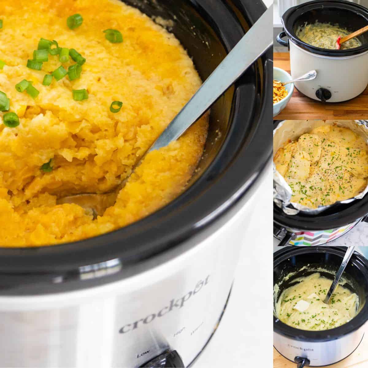 A photo collage shows 4 slowcookers filled with Thanksgiving side dishes.