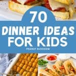 The photo collage shows 5 delicious dinner ideas for picky eaters including chicken nuggets, sliders, and pizza buns.