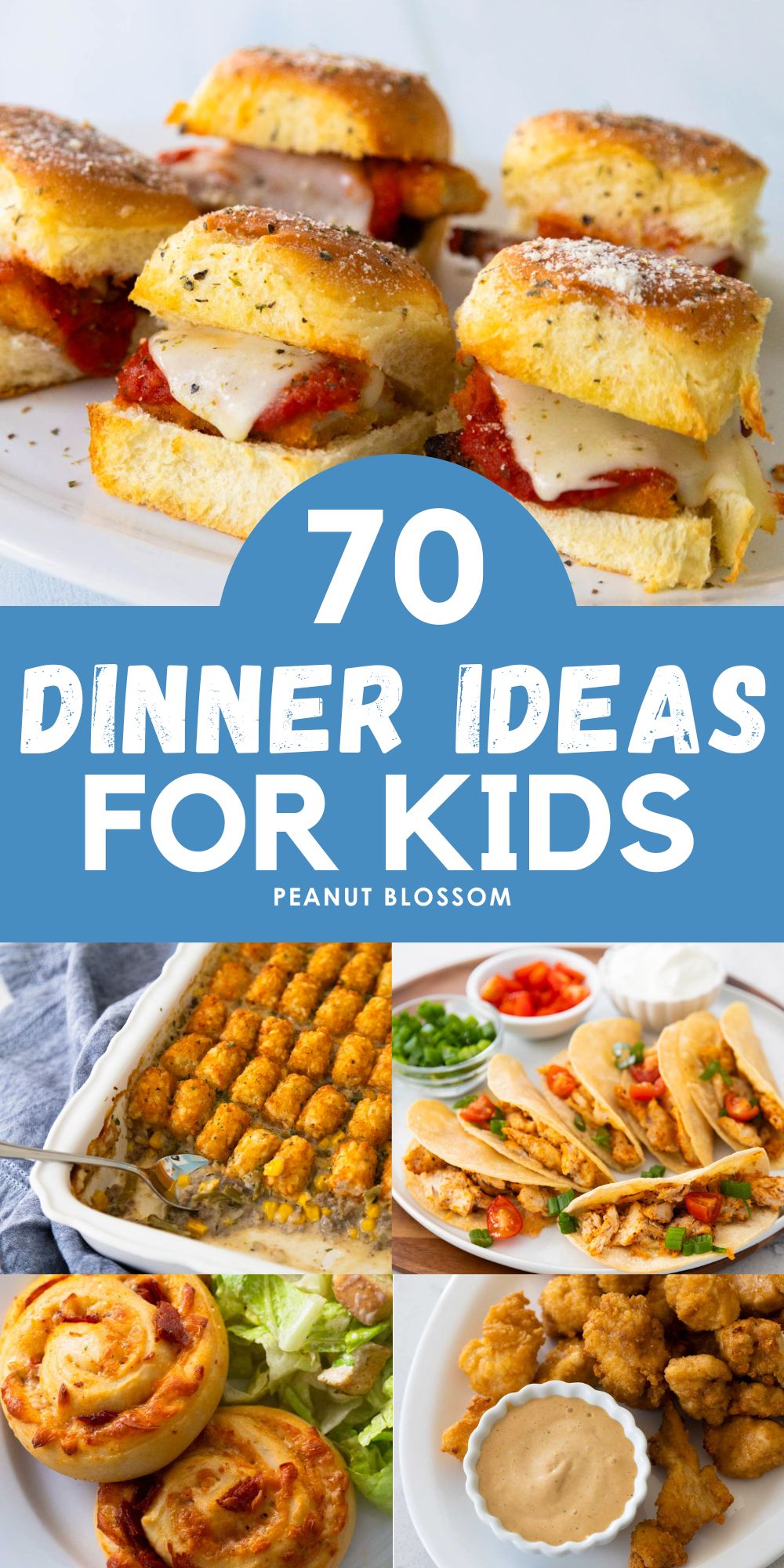 The photo collage shows 5 delicious dinner ideas for picky eaters including chicken nuggets, sliders, and pizza buns.