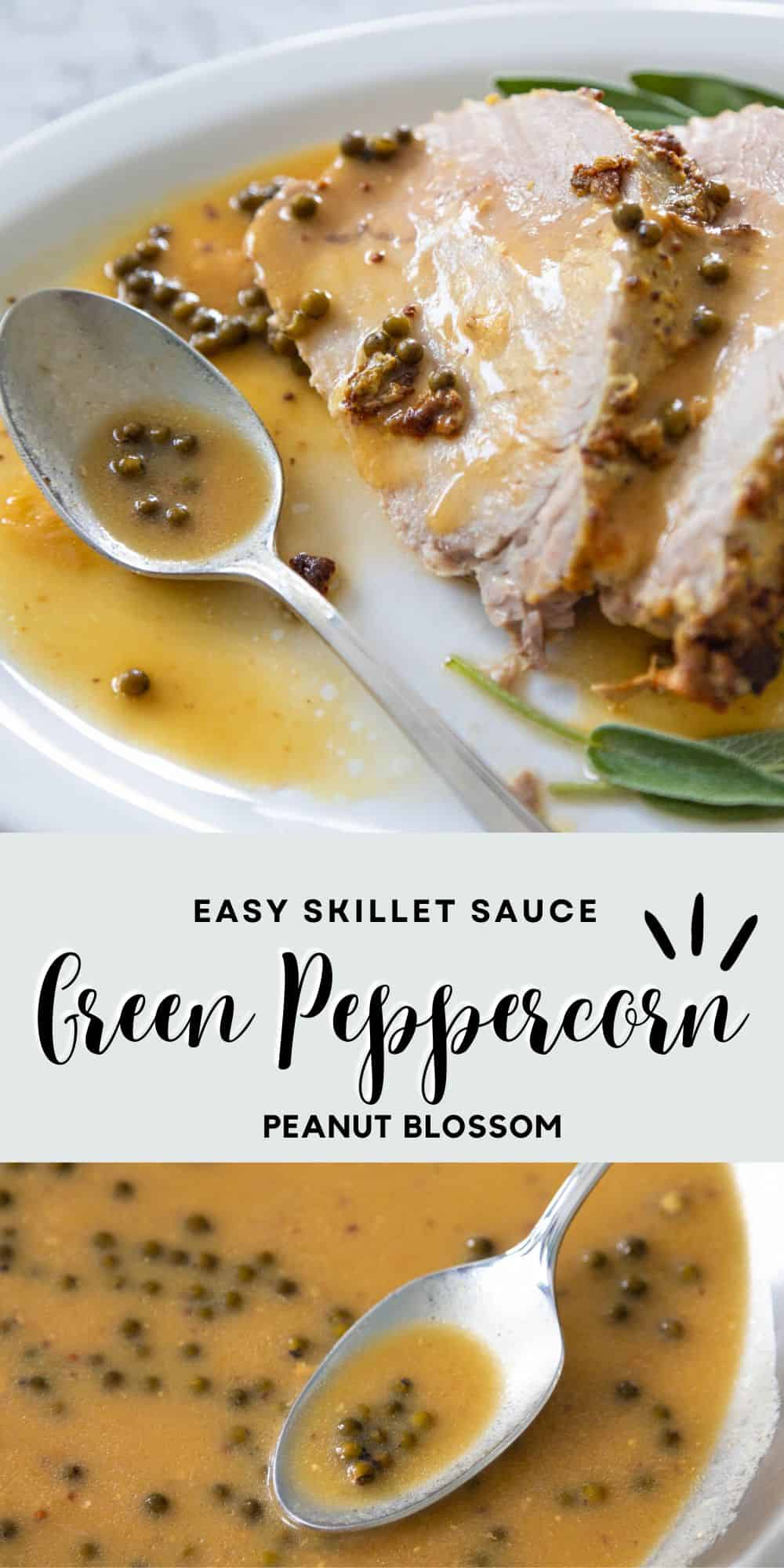 The photo collage shows the peppercorn sauce drizzled over sliced pork and a photo of it in a skillet being stirred by a spoon.