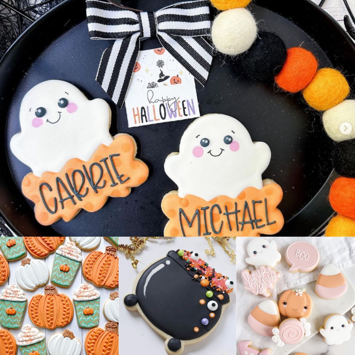 A photo collage shows several adorable designs for sugar cookies decorated for Halloween.