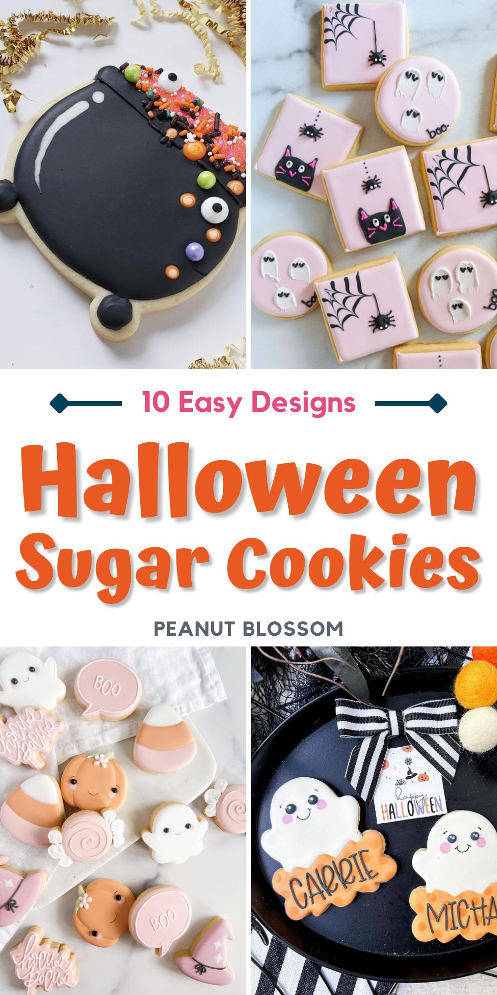 The photo collage shows 4 easy sugar cookie designs for Halloween.
