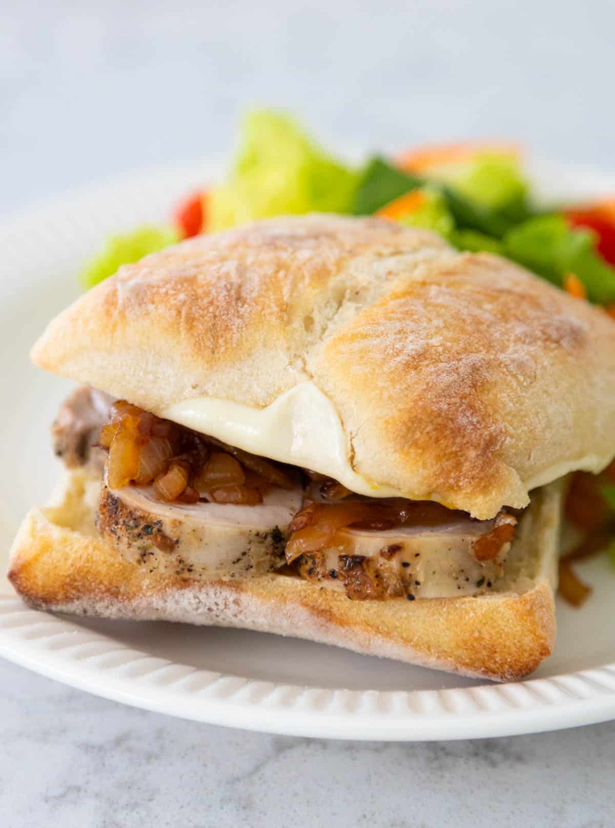 The roasted pork sandwich is served on a white plate. You can see the caramelized onions and melted provolone cheese over the edges.