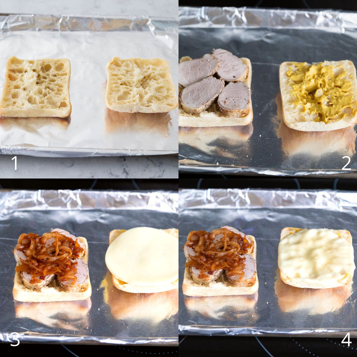The step by step photos show how to build the pork sandwiches and bake them.
