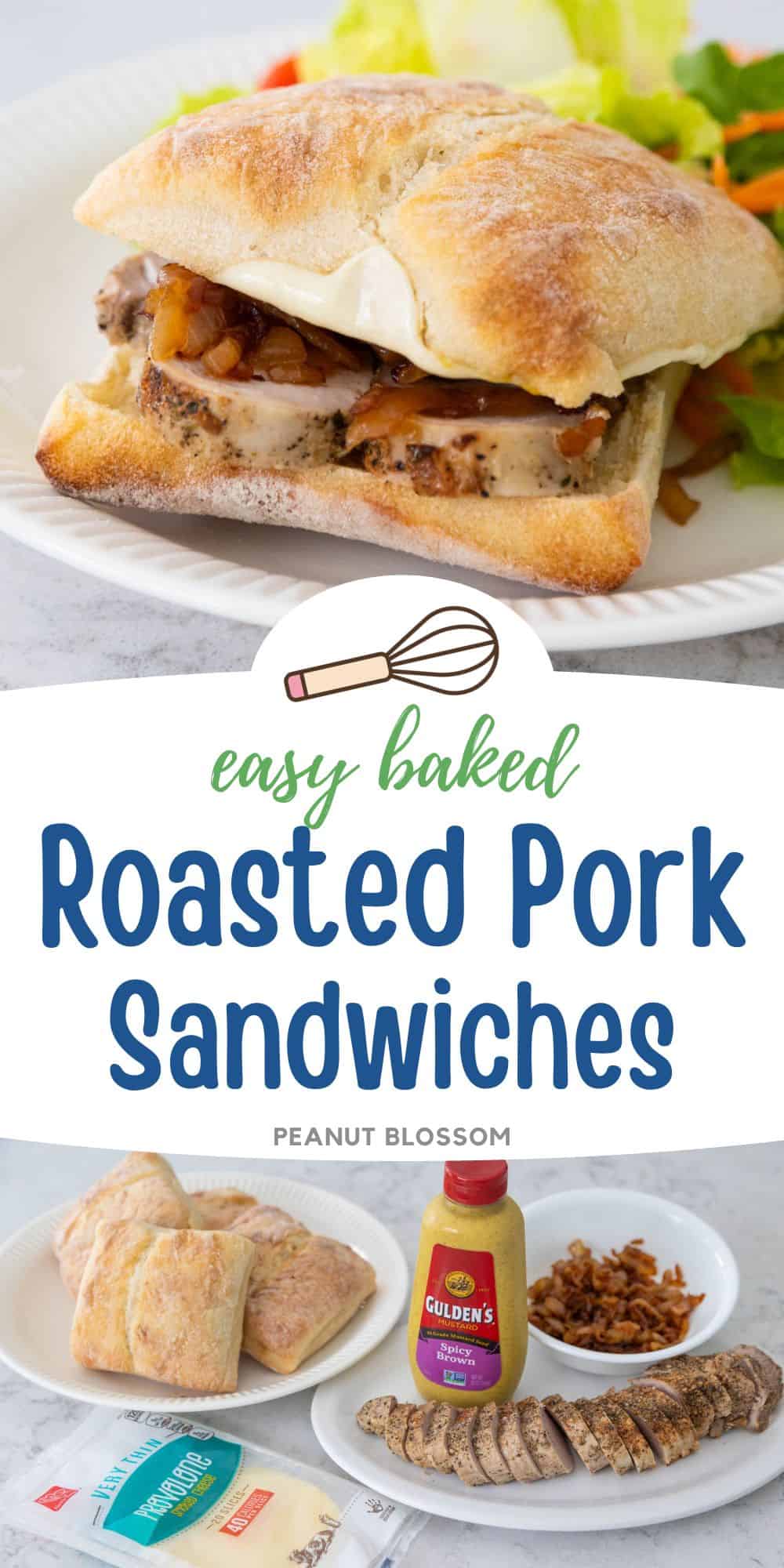 The photo collage shows the roasted pork sandwich next to a photo of the ingredients to make it.