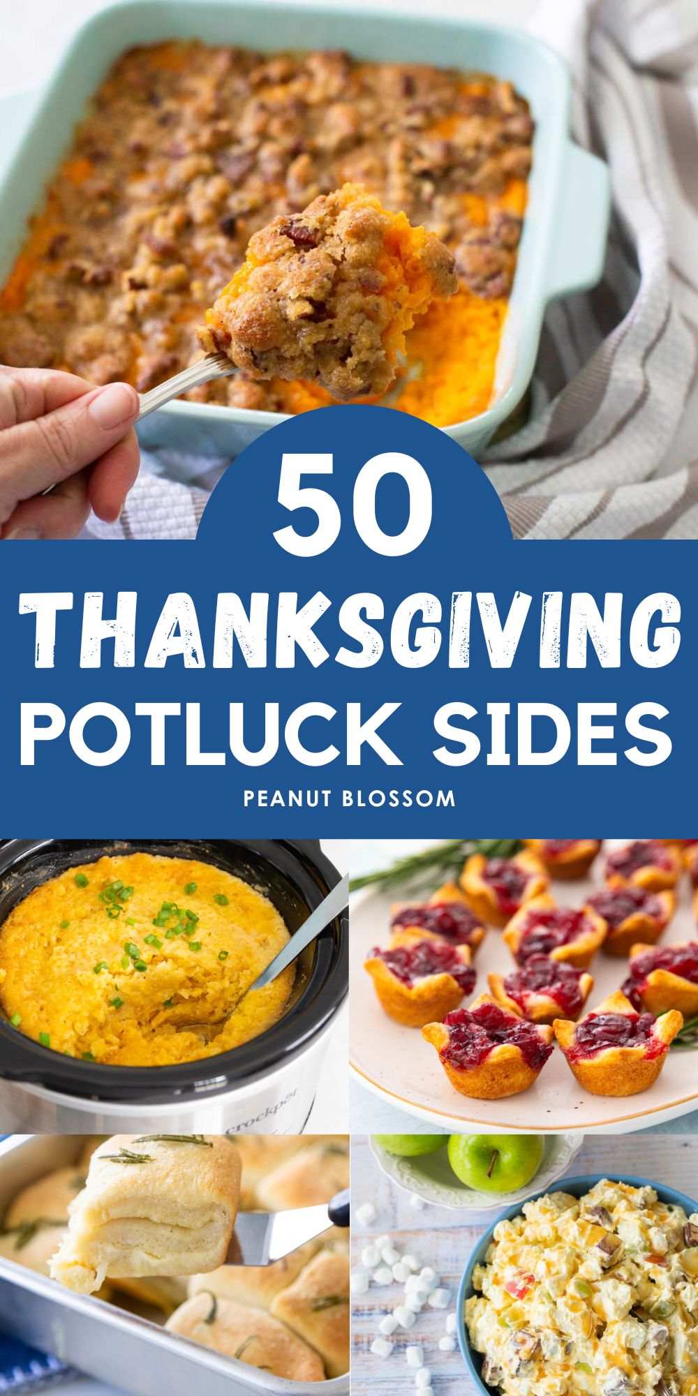 The photo collage shows 5 delicious side dishes to bring to a Thanksgiving potluck party.