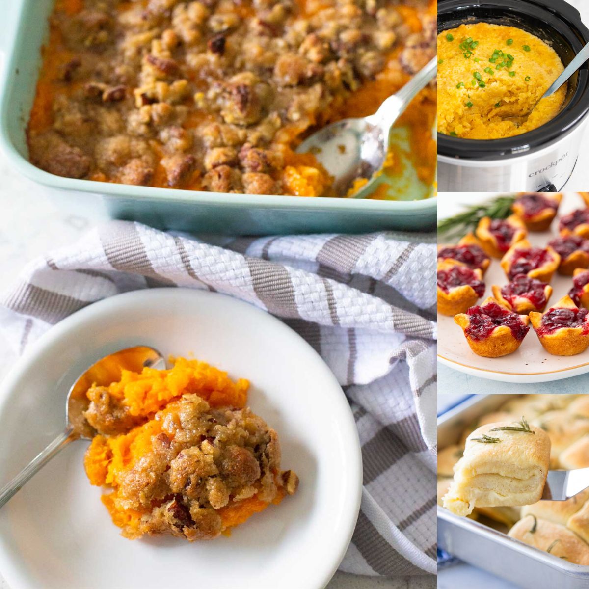 The photo collage shows several portable side dishes to bring to a Thanksgiving potluck party.