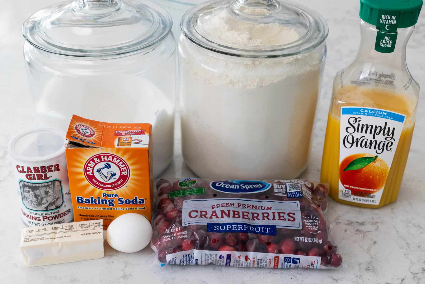 The ingredients to make cranberry bread are on the counter.