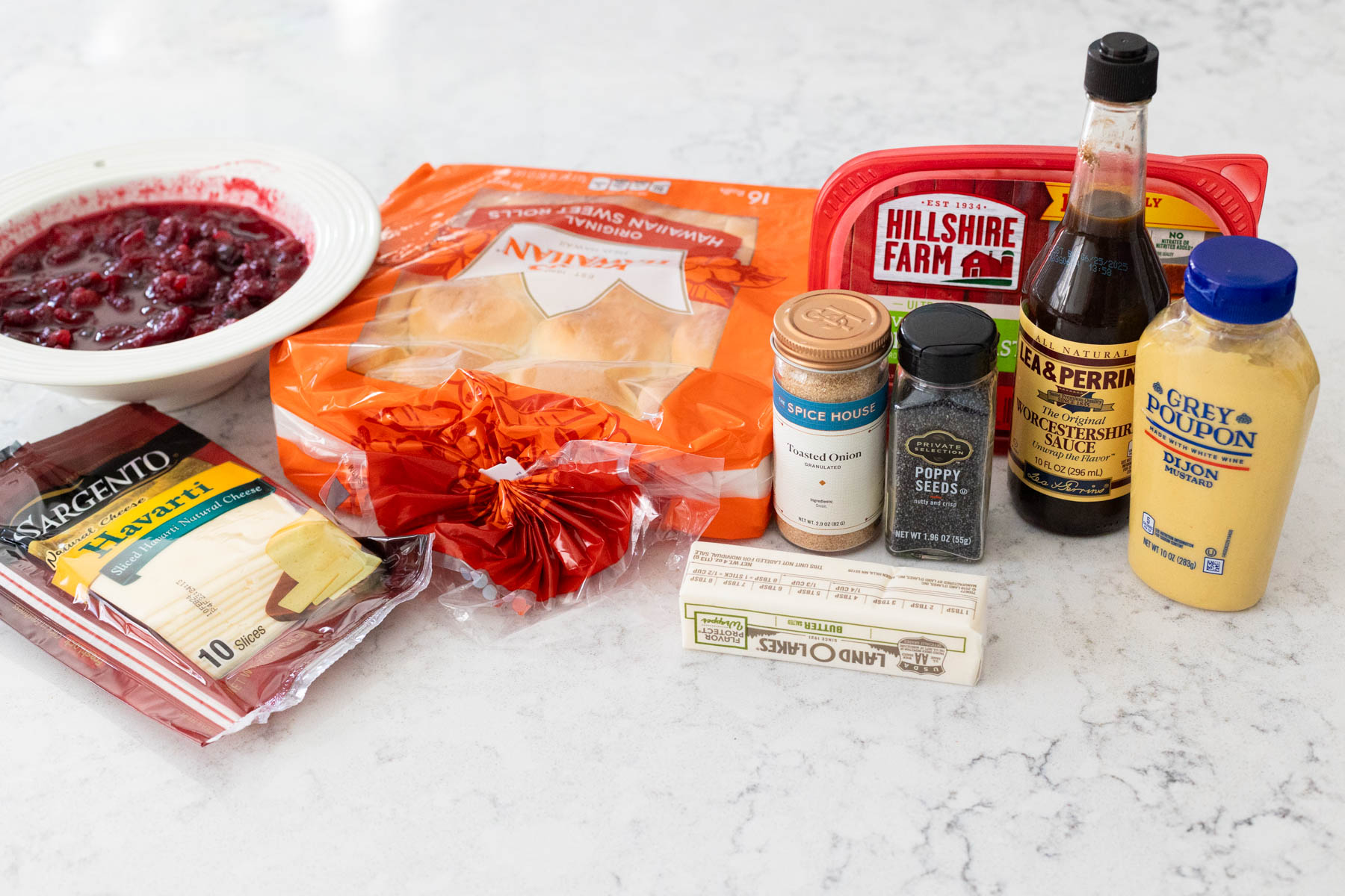 The Hawaiian rolls and other ingredients to make cranberry turkey sliders are on the counter.