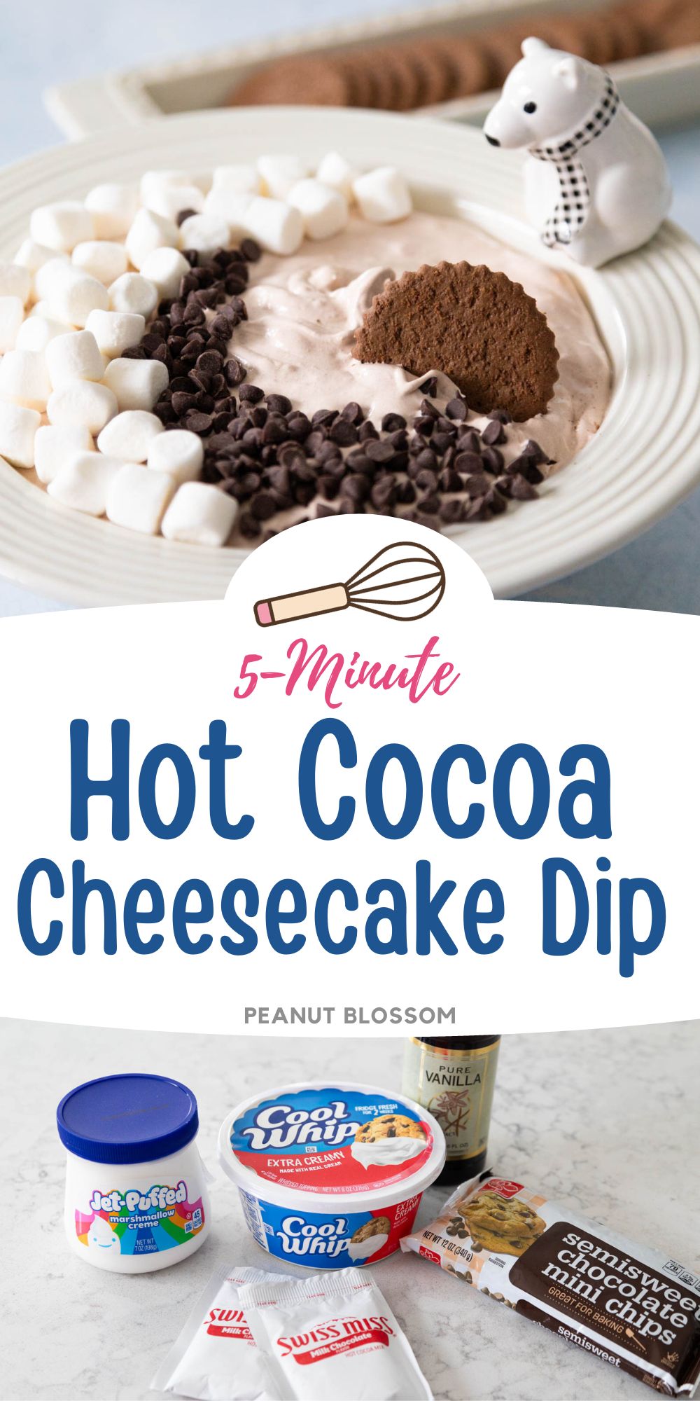 The photo collage shows the finished dessert dip next to the ingredients needed to make it.