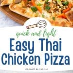 The photo collage shows the baked Thai chicken pizza next to a photo of all the ingredients used to make it.