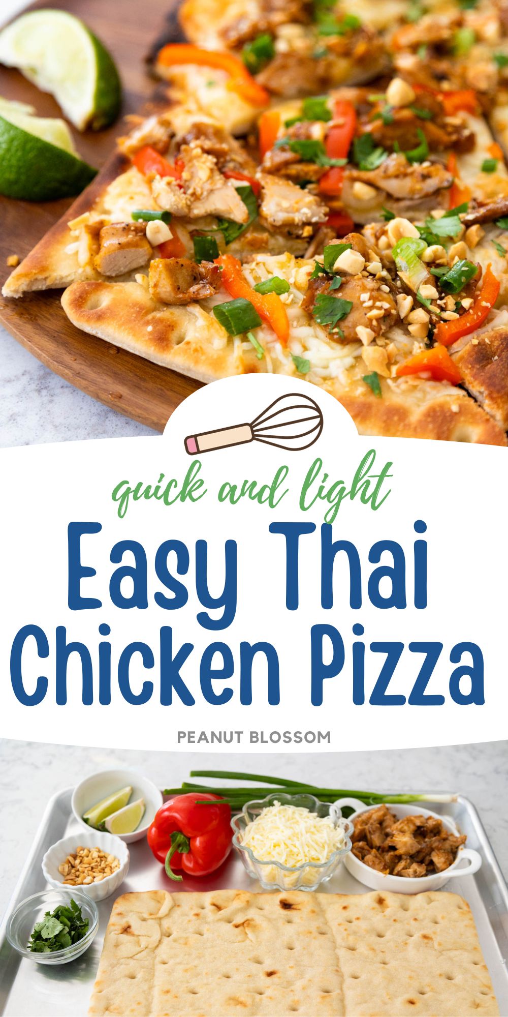 The photo collage shows the baked Thai chicken pizza next to a photo of all the ingredients used to make it.