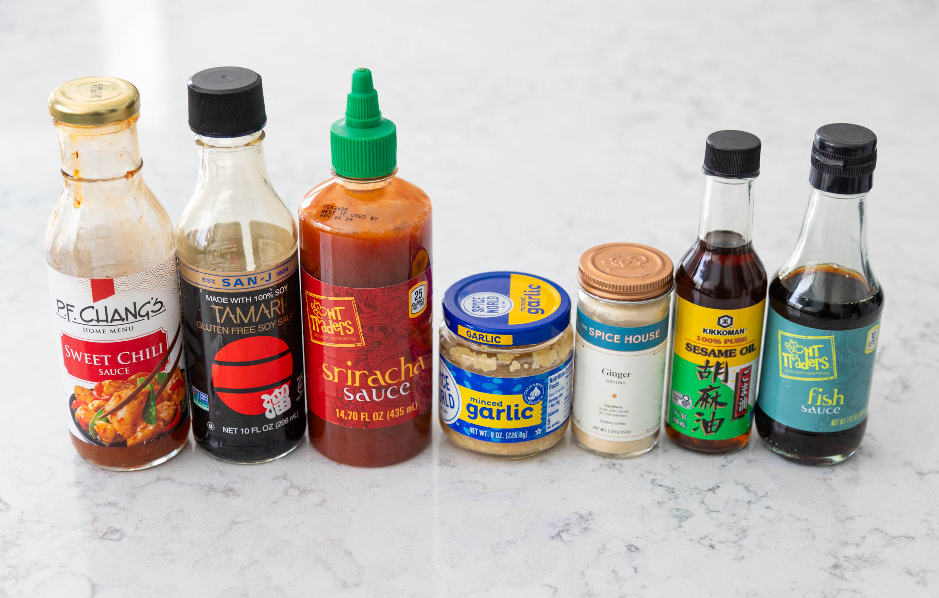 The ingredients to make the Thai-inspired sauce for chicken are on the counter.