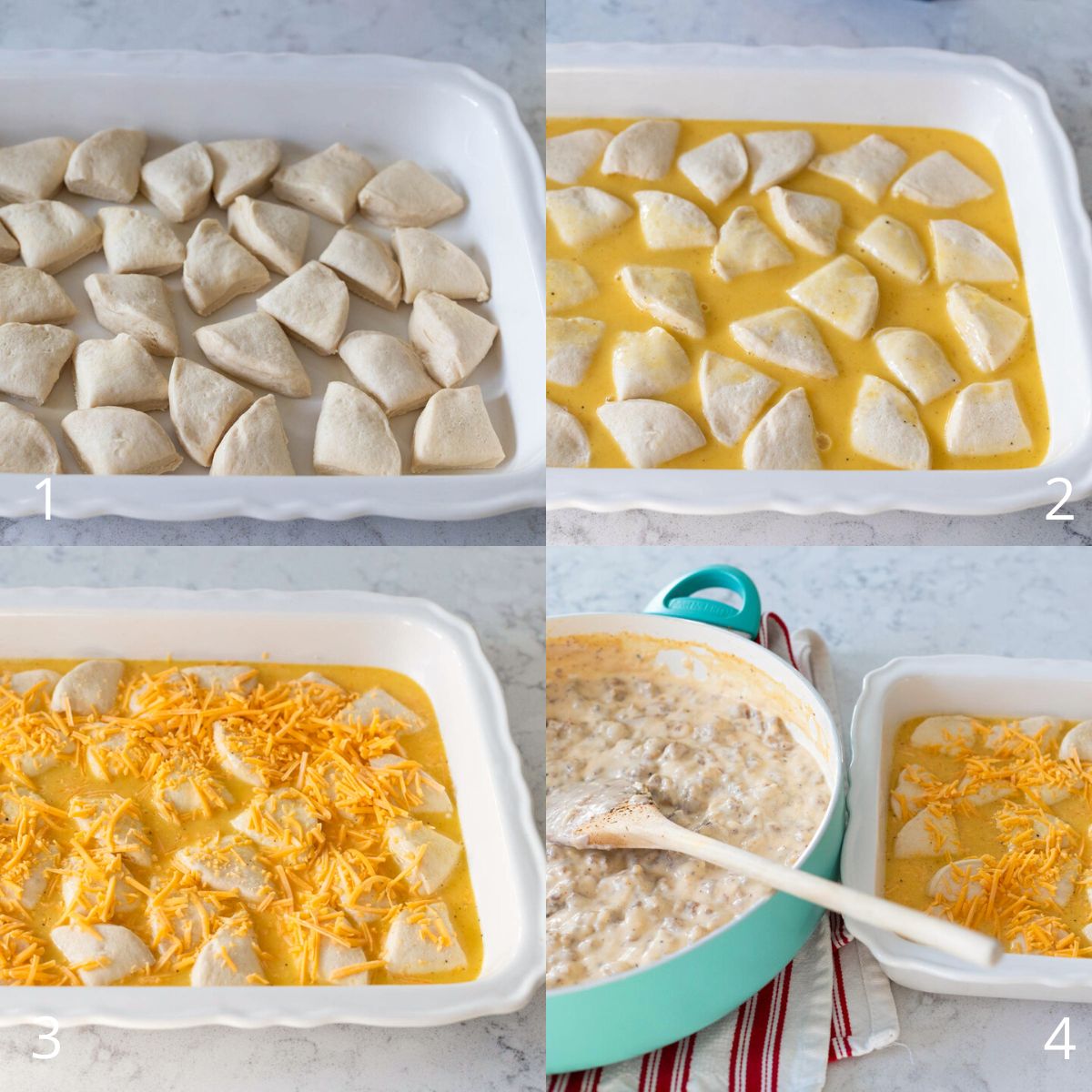 The step by step photos show how to assemble the sausage gravy casserole.