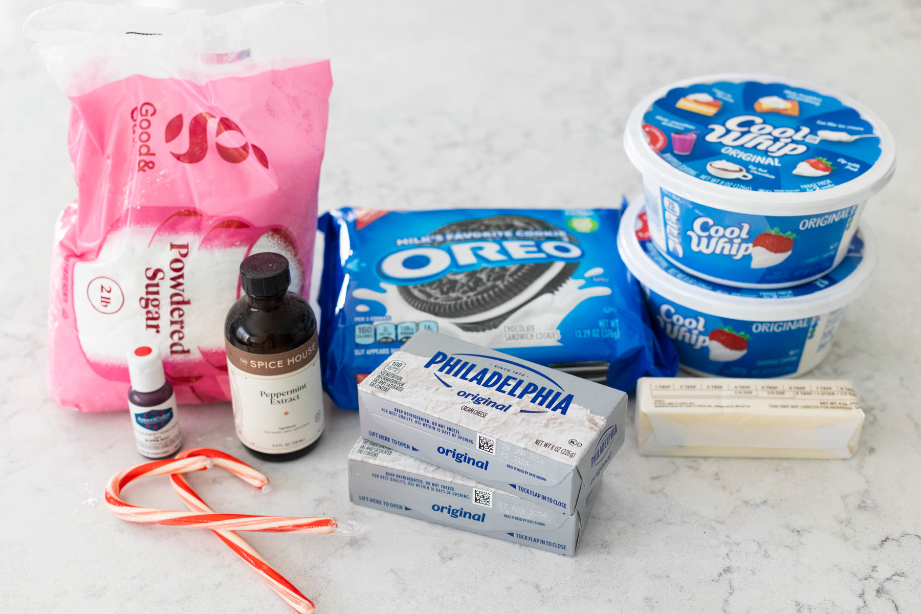 The ingredients to make candy cane pie are on the counter.
