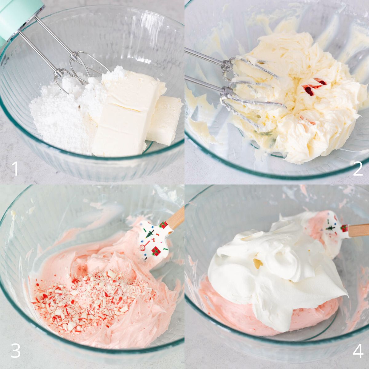 The step by step photos show how to whip the cream cheese and powdered sugar together and flavor with peppermint extract for the candy cane pie.