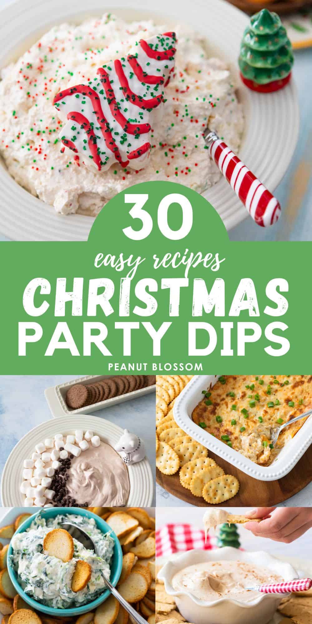 The photo collage shows 5 sweet and savory party dips to serve at a Christmas party.