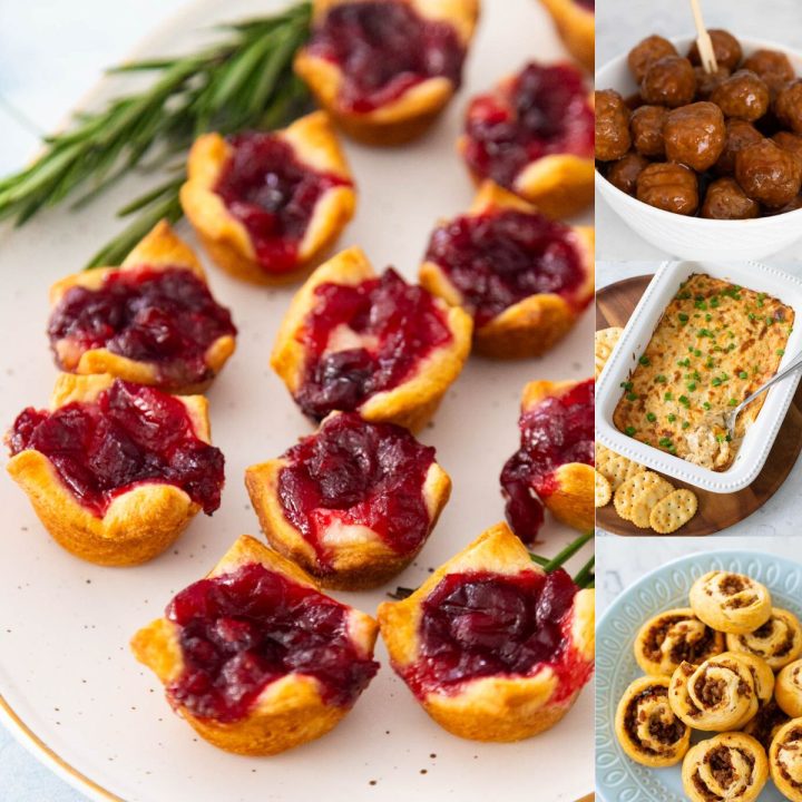 A photo collage shows 4 delicious appetizer recipes to bring to a Christmas potluck party.