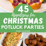 The photo collage shows several delicious appetizer recipes to bring to a Christmas potluck party.
