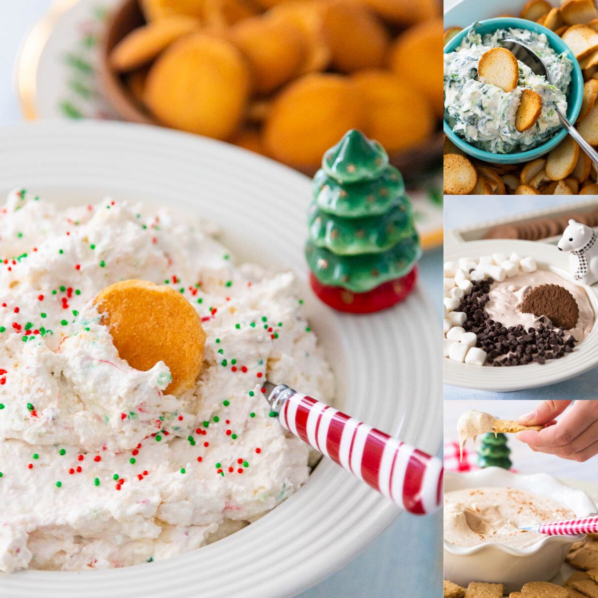 A photo collage shows several sweet Christmas party dips for cookies along with savory dips for veggies.