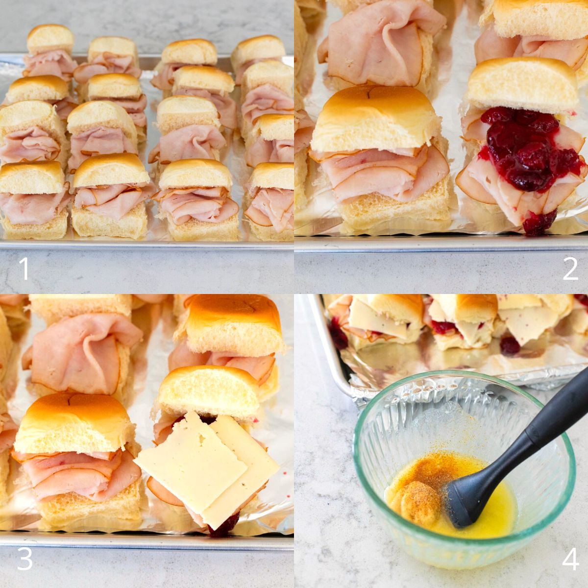 The step by step photos show how to layer the ingredients inside the slider bun.