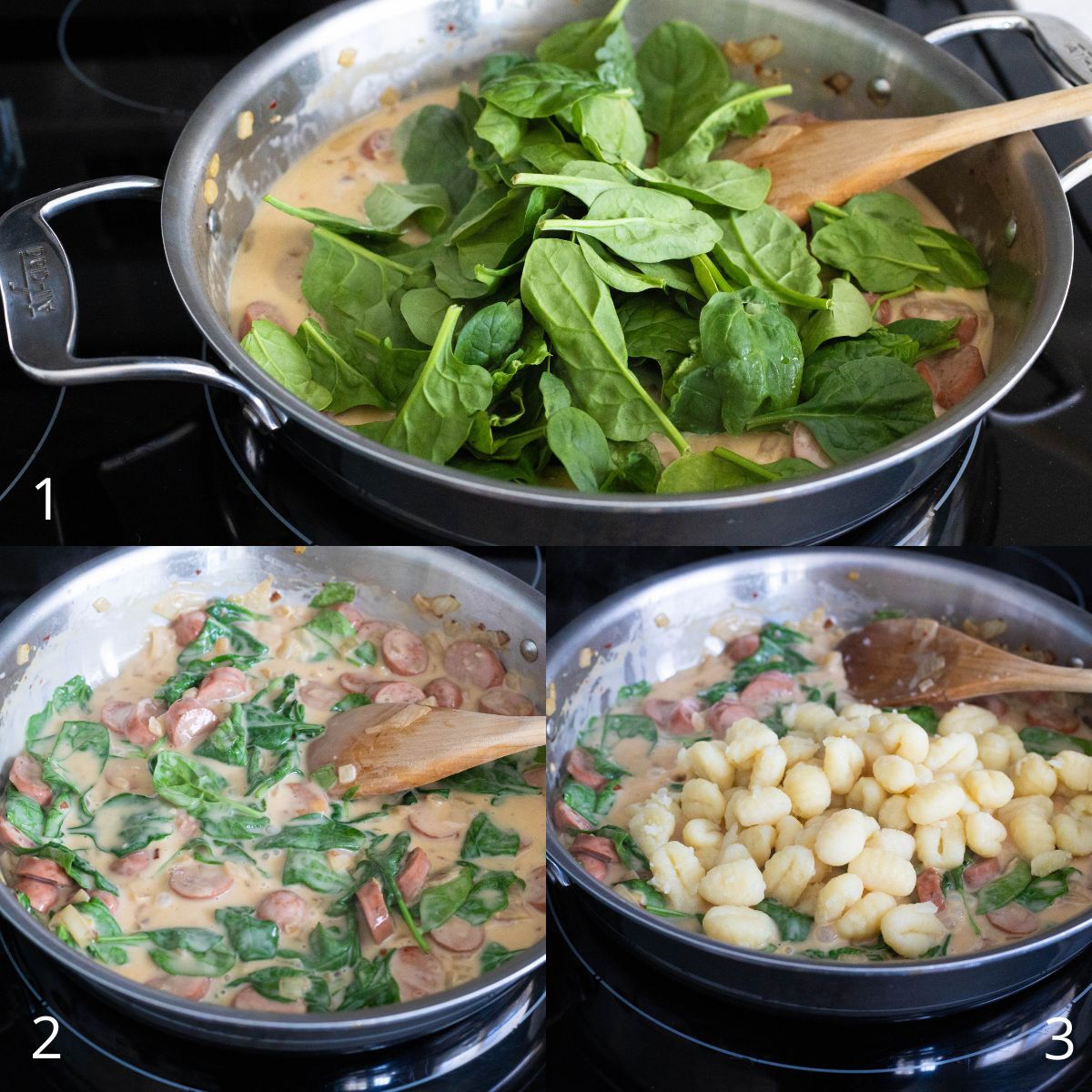 Step by step photos show that the baby spinach has been added to the skillet with the cream sauce. Once it is wilted down, the boiled gnocchi are tossed in the sauce.