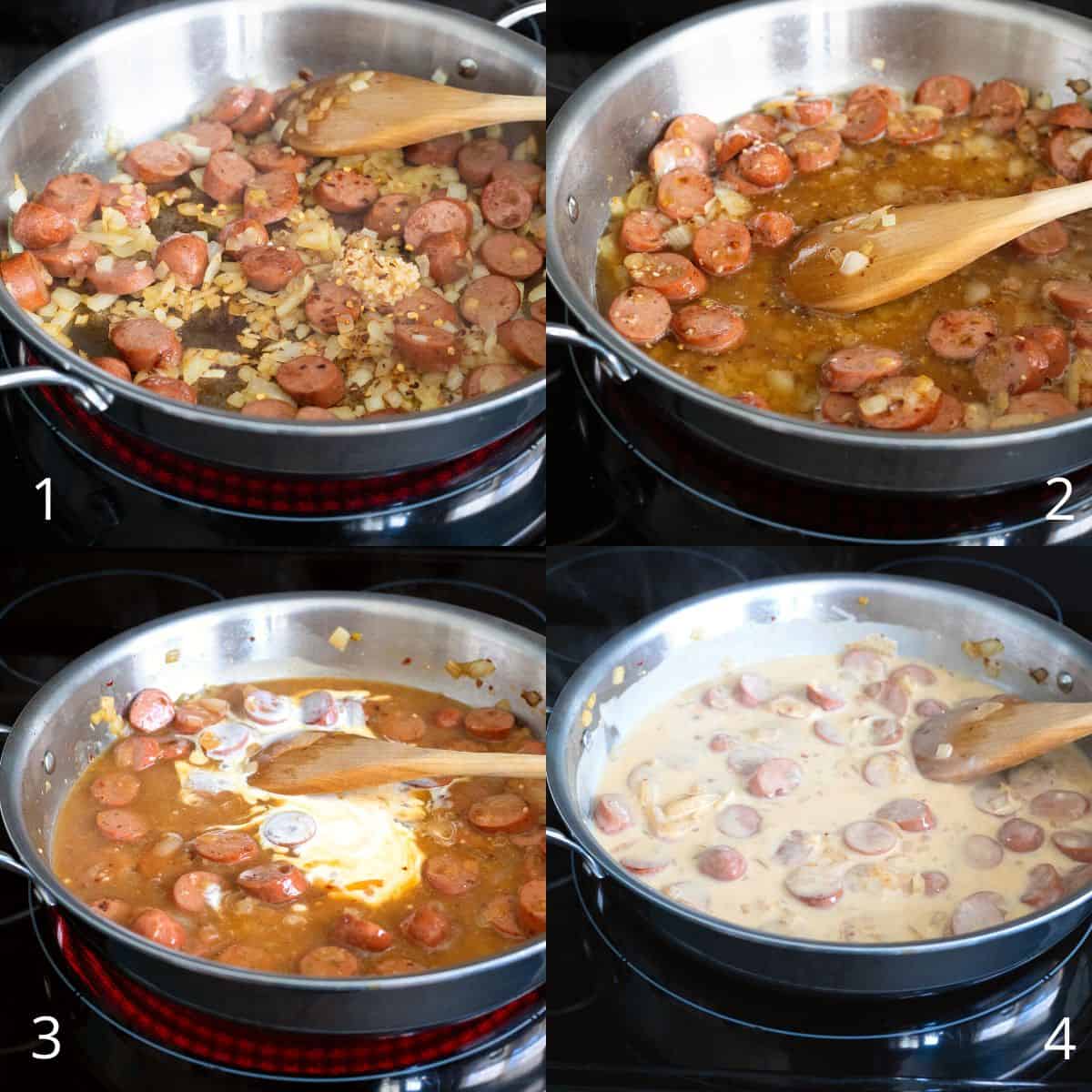 Step by step photos show that the browned sausage and onions in the skillet are the base for the cream sauce. Wine is added to deglaze the pan and then heavy cream is stirred in. 