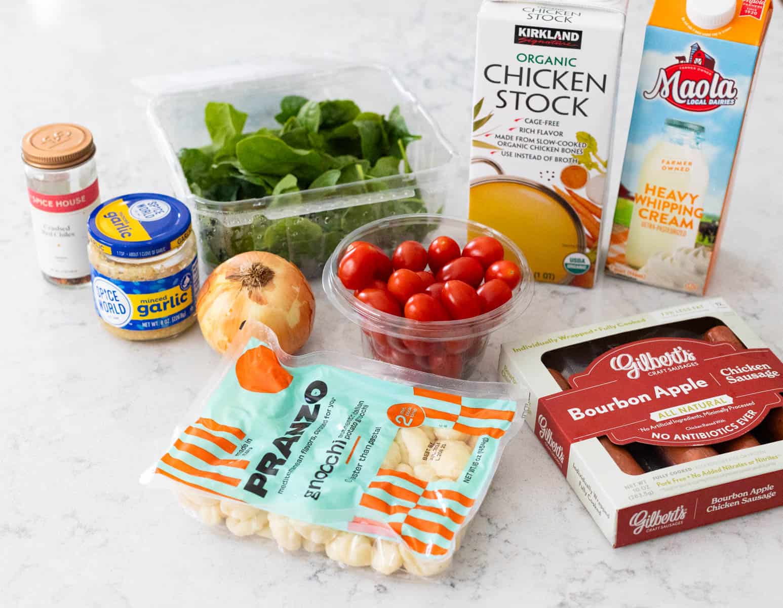 The ingredients to make the skillet gnocchi are on the counter.