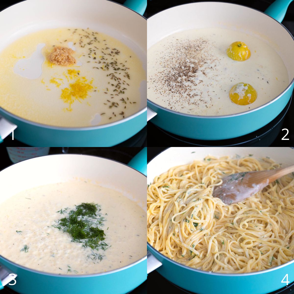 The step by step photos show how to melt the butter and add the lemon zest, add the cream, and season with fresh dill.