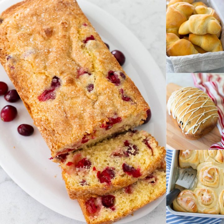 A photo collage shows 4 easy Christmas breads to serve for Christmas dinner or Christmas morning brunch.