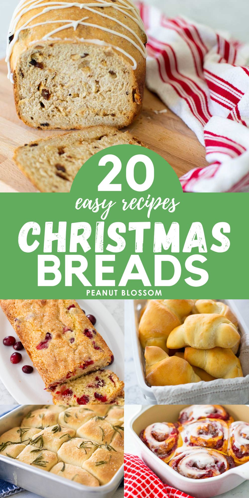 The photo collage shows 5 sweet or savory Christmas bread recipes to serve for the holiday.