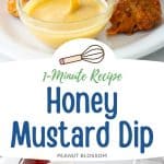 A photo collage shows a cup of honey mustard dip with fingers dunking a sausage ball into it next to a photo of the ingredients needed to make it.