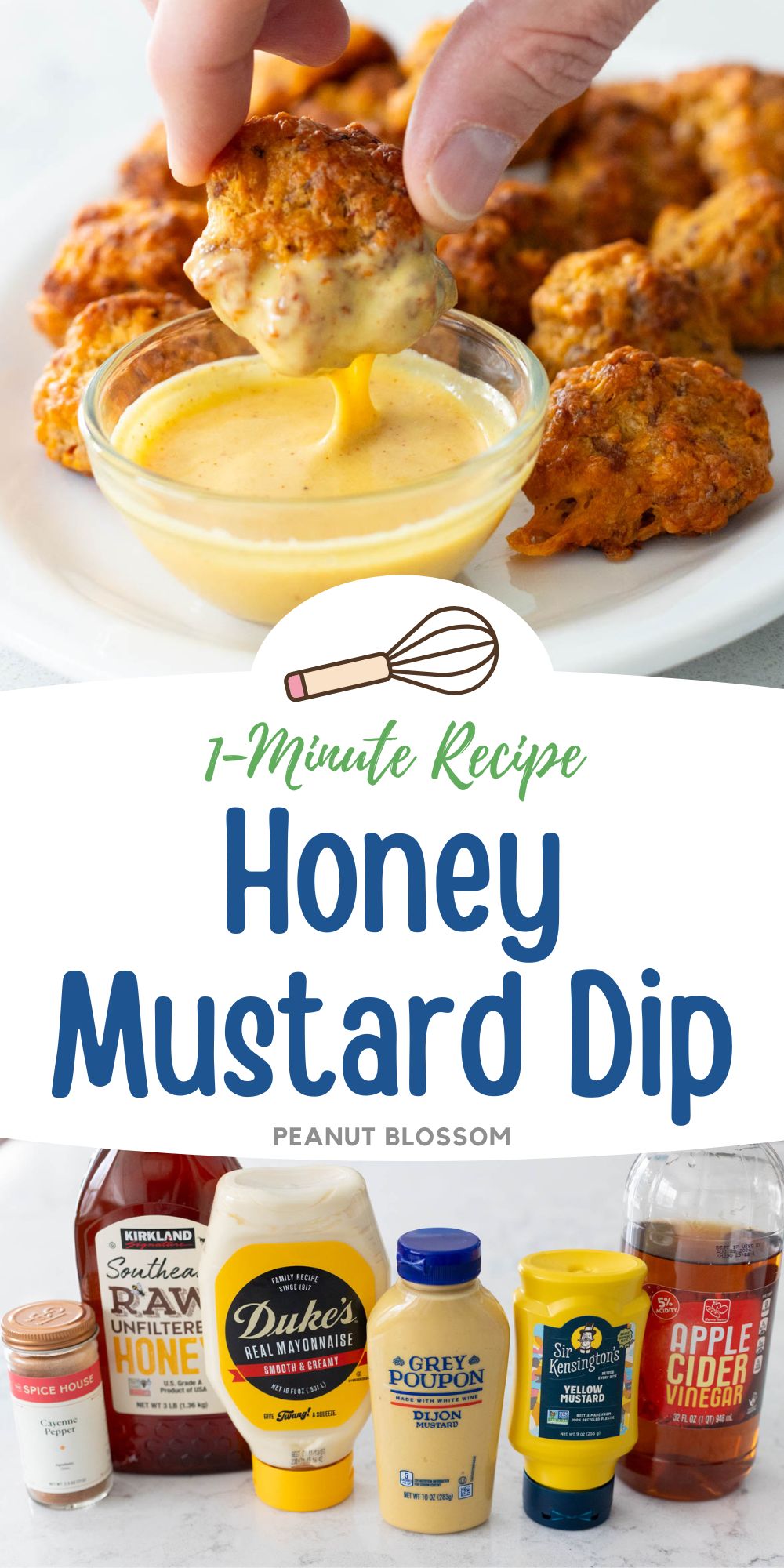 A photo collage shows a cup of honey mustard dip with fingers dunking a sausage ball into it next to a photo of the ingredients needed to make it.