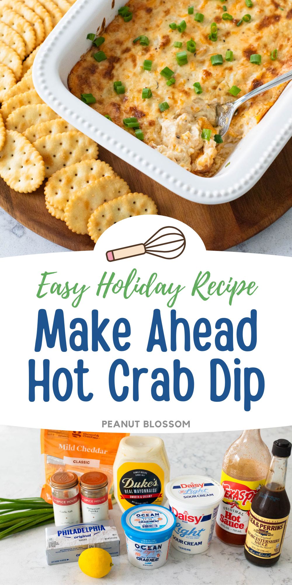 The photo collage shows the hot crab dip served with crackers next to a photo of the ingredients needed to make it.