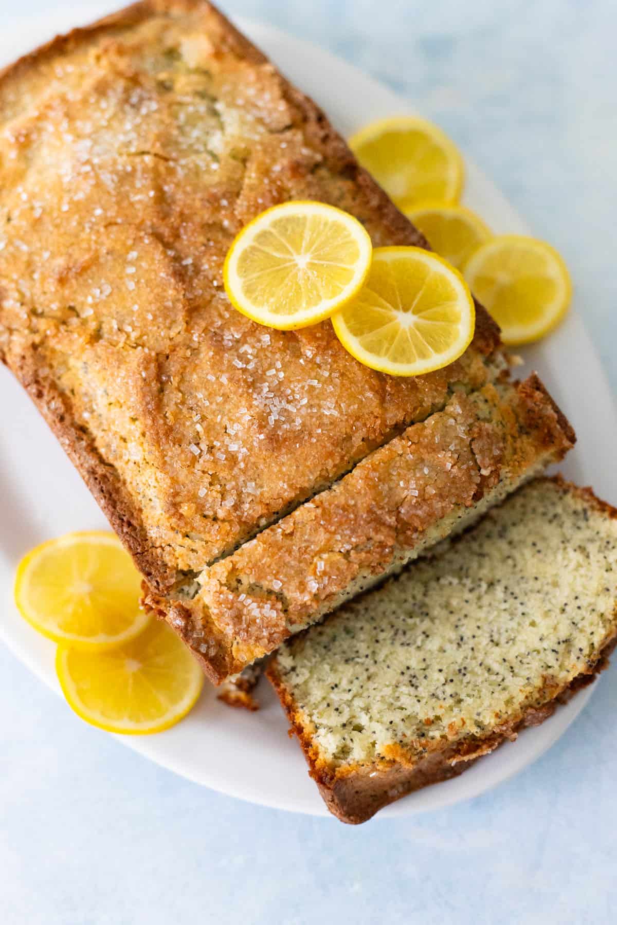 The lemon poppy seed bread has now been sliced for serving.