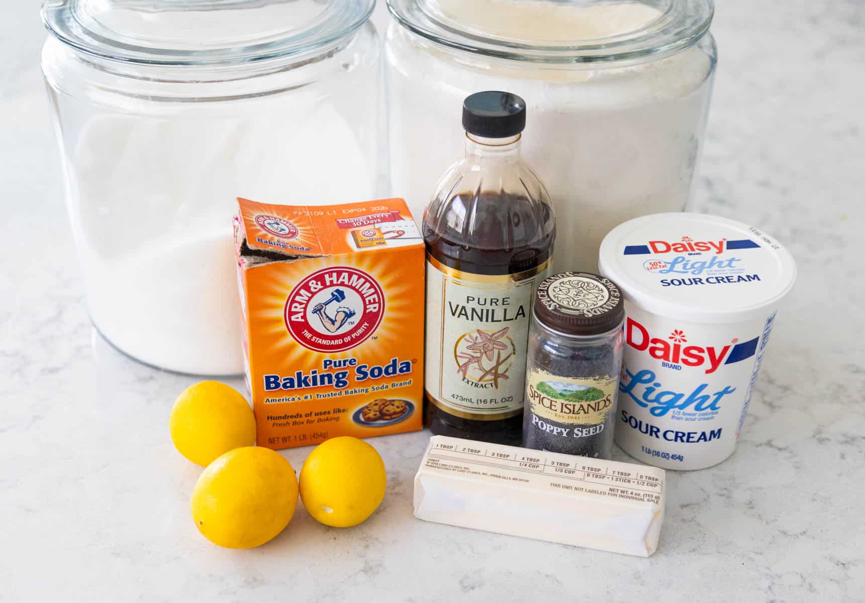 The ingredients to make the lemon poppy seed bread are on the counter.