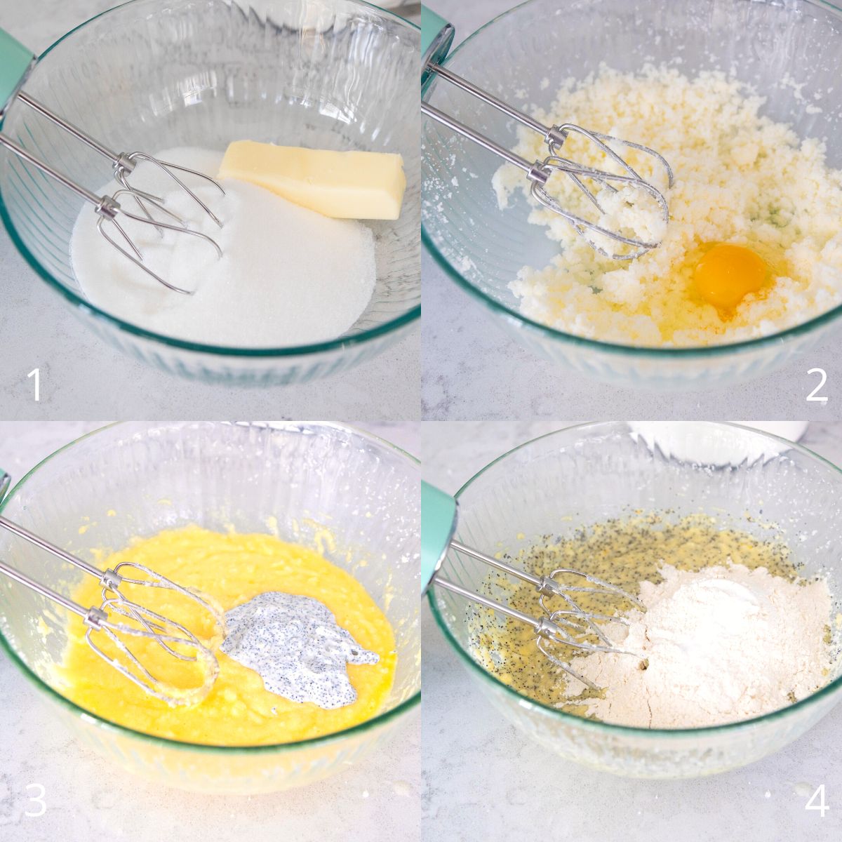The step by step photos show how to cream the butter and sugar in a mixing bowl, add the egg, and then layer the sour cream mixture with the dry flour mixture to form the batter.