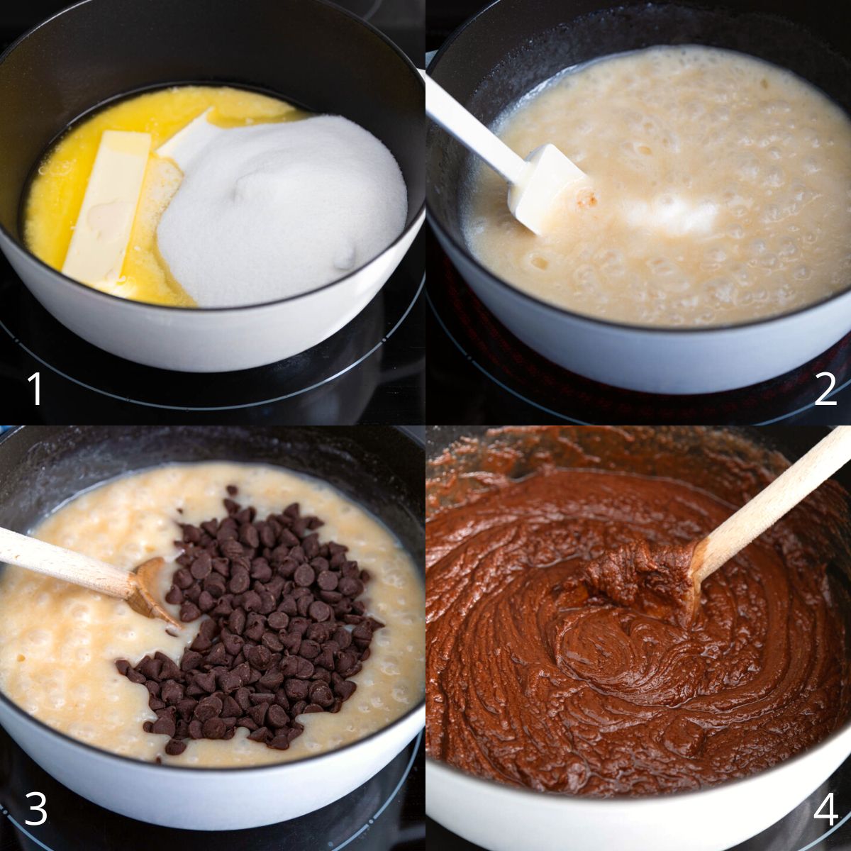 The step by step photos show the fudge being cooked in a large pot on the stovetop.
