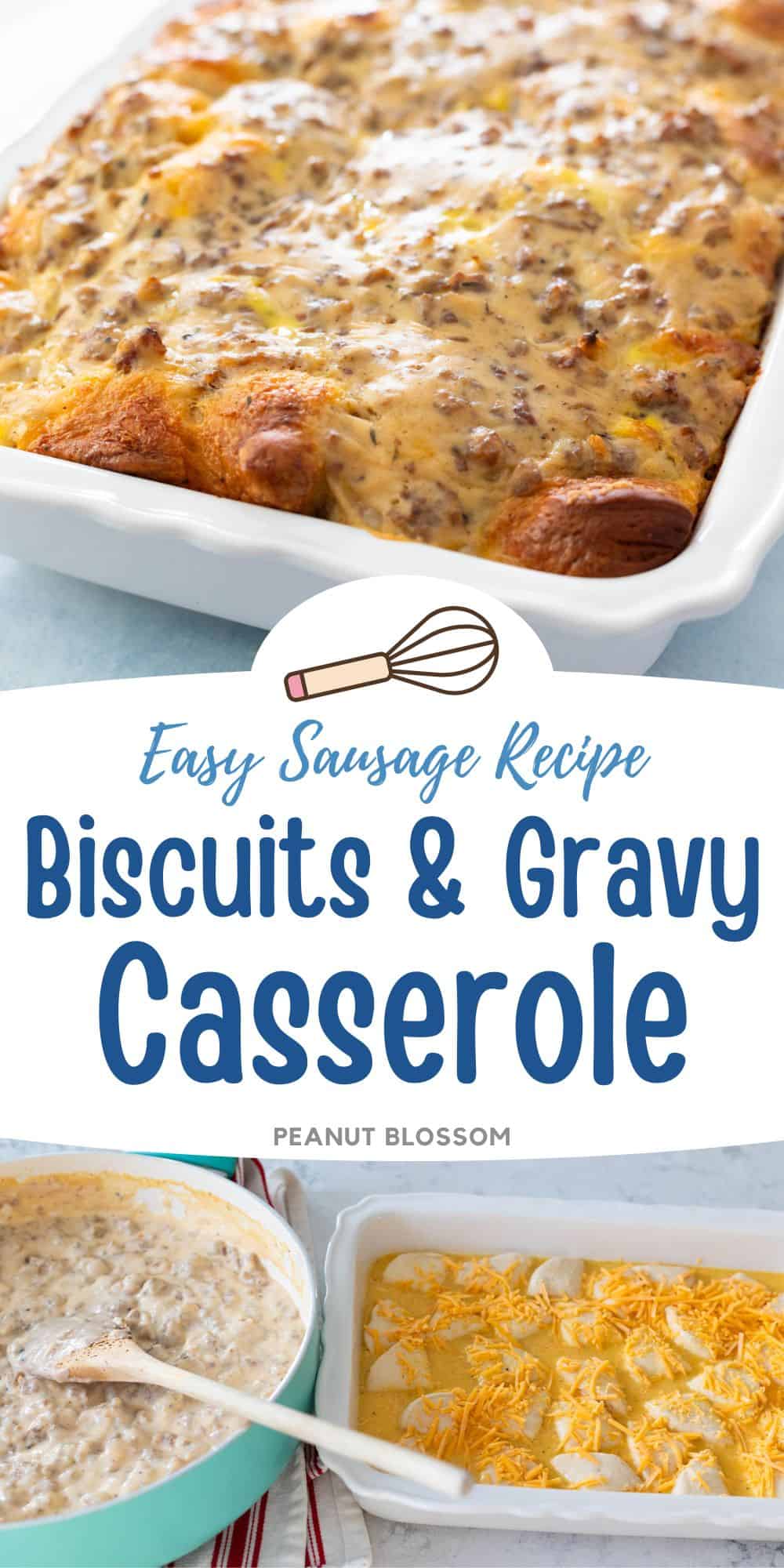 The photo collage shows the baked biscuits and gravy casserole next to a photo of the sausage gravy in a skillet about to be spooned over the eggs in the baking dish.