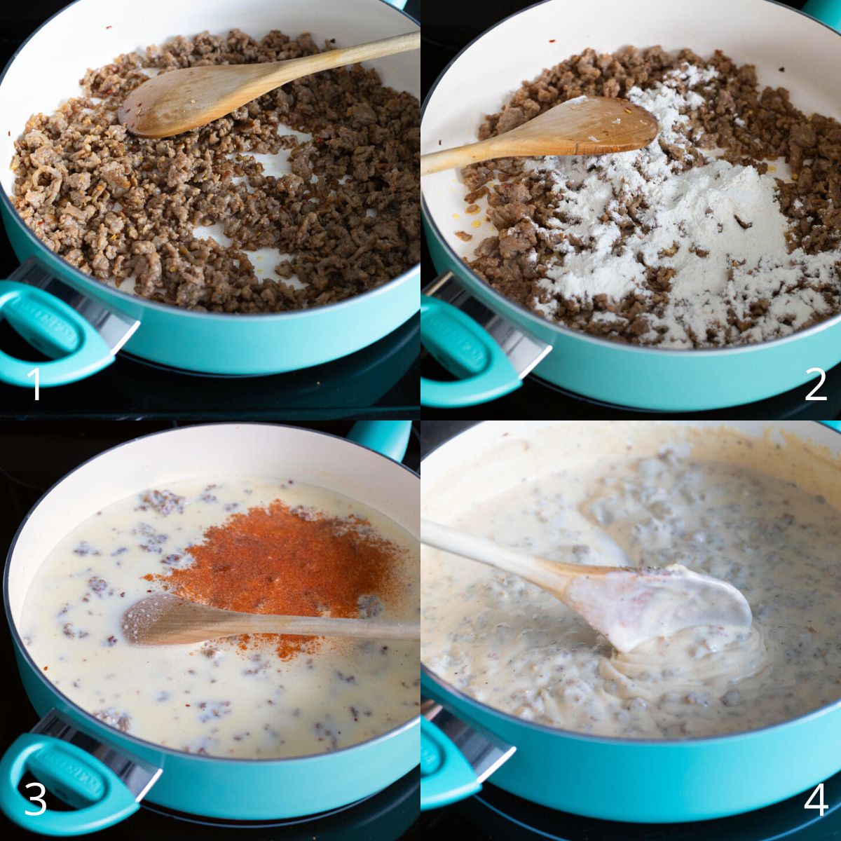 The step by step photos show how to make sausage gravy in a skillet.