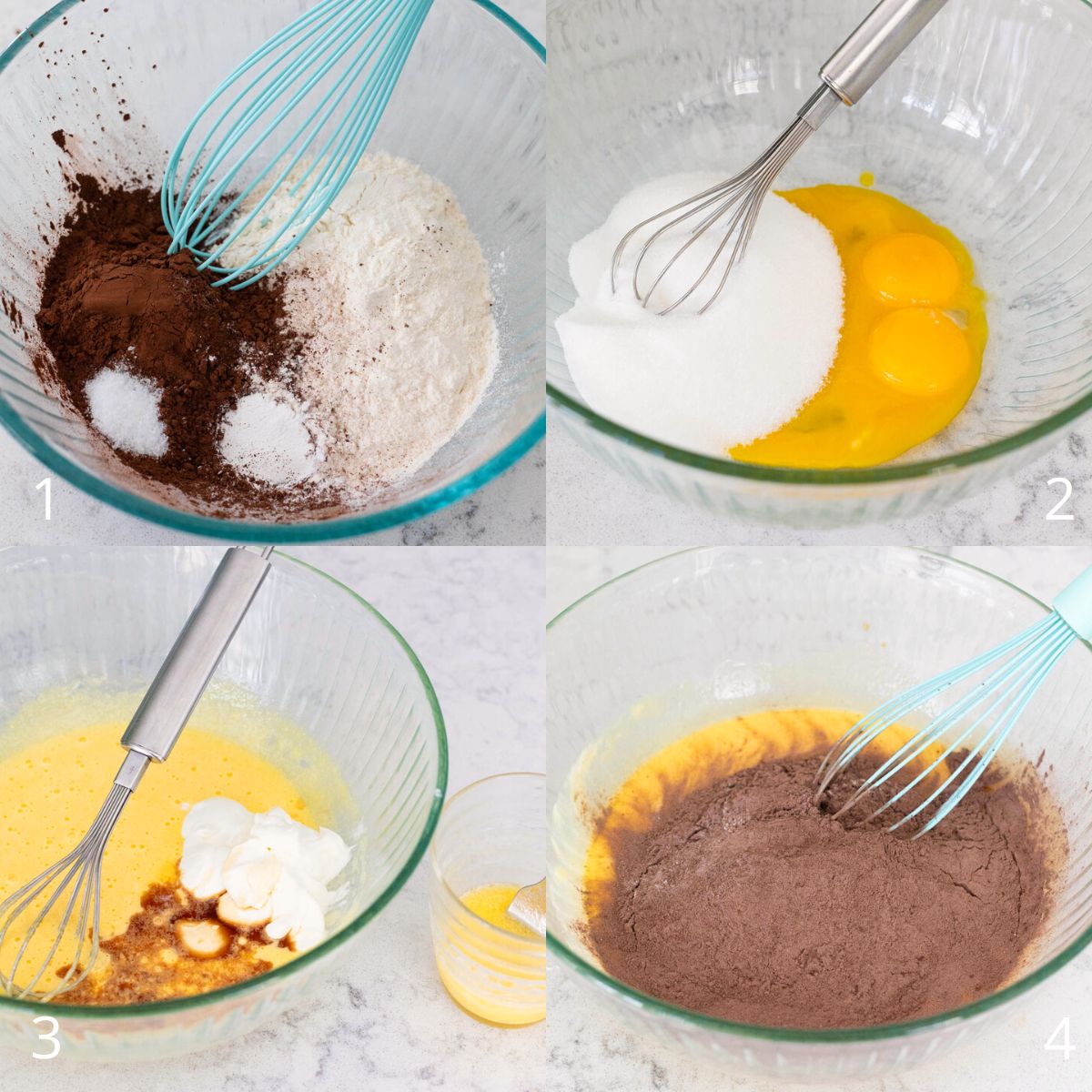 The step by step photos show how to prepare the chocolate cake batter.