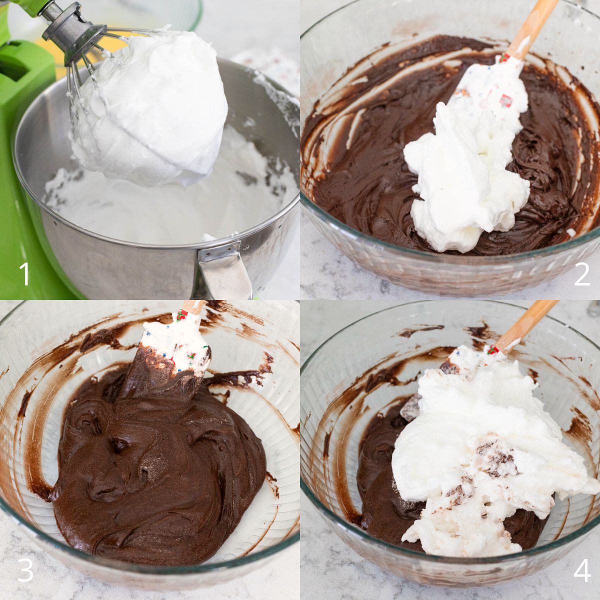 The step by step photos show how to whip the egg whites and then fold them into the chocolate cake batter.