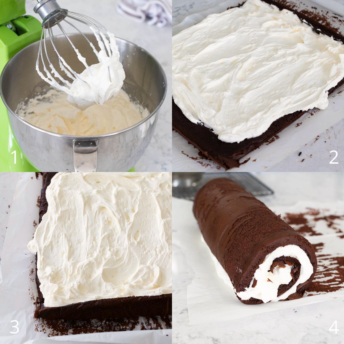 The step by step photos show how to make the cream filling and spread it into the cake roll.